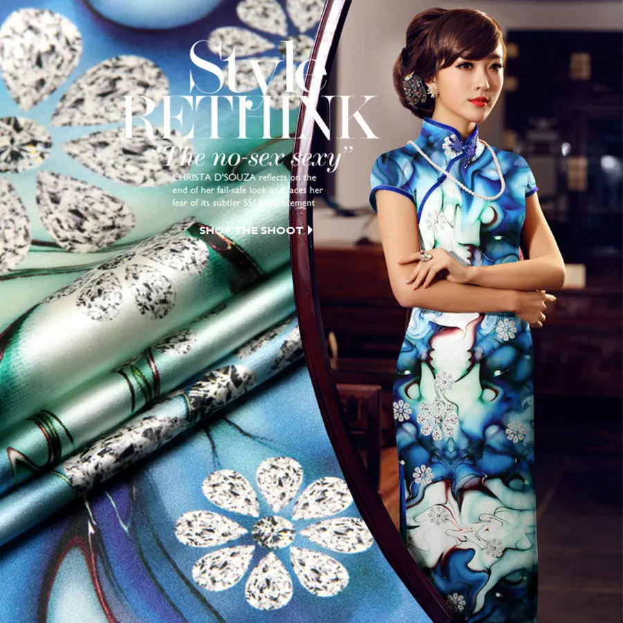 

151157 Free Shipping Digital Printed Silk elastic Satin Fabric