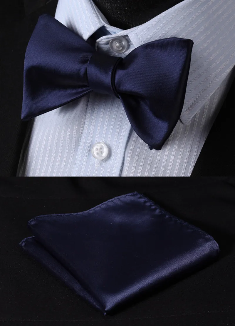  BL21V Pure Navy Blue Solid 100%Silk Jacquard Woven Men Butterfly Self Bow Tie BowTie Pocket Square 