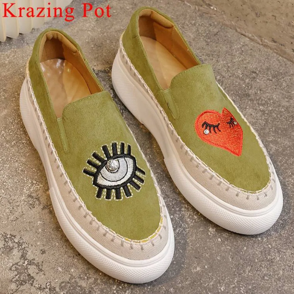 

Krazing Pot new kid suede flat platform round toe loafers cartoon embroidery young girl loafers plus size vulcanized shoes L66