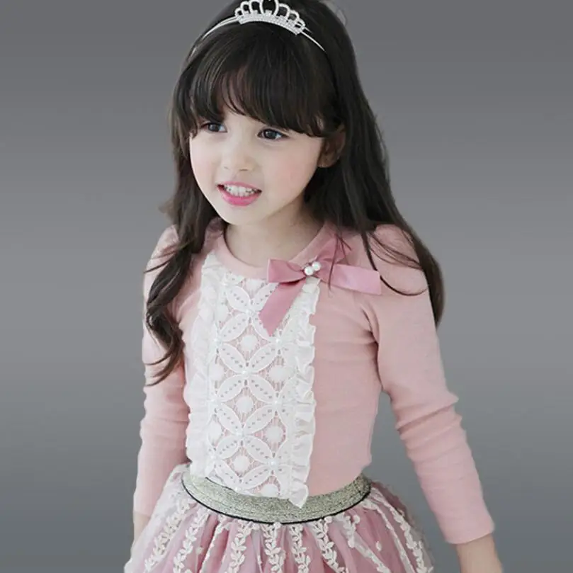 Рубашки принцессы с длинными рукавами и кружевным бантом для девочек хлопковый джемпер детская блузка топы для маленьких девочек, футболки детская одежда JW3674