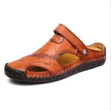 Летняя обувь из натуральной кожи; мужские сандалии ручной работы; классические мужские мягкие пляжные сандалии; Slides39-47