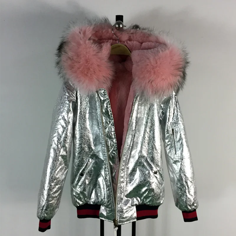 Nieuwe komen mode stijl dikke warme winter bomber jassen licht roze wasbeer bontkraag met faux fur binnen sliver lederen jas Nieuwe komen mode stijl dikke warme winter bomber jassen licht roze wasbeer bontkraag met faux fur binnen sliver lederen jas