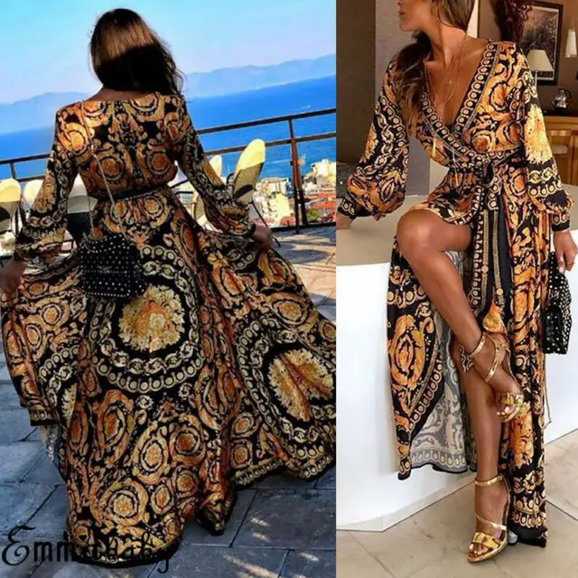US $6.10 Women Floral Print Split Vintage Long Sleeve Boho Yellow Long Maxi Dress Evening Party Beach Dresse