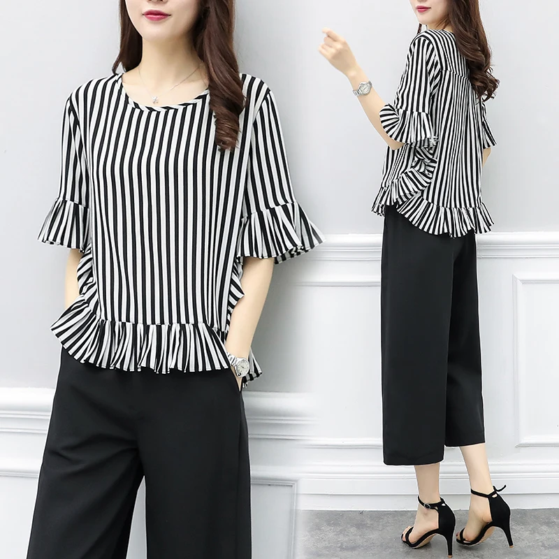

2019 spring and summer new fashion large size women's shirt + wide leg pants was thin two-piece suit