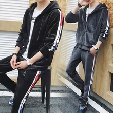 Two Piece Set Male Set Hooded Sportswear Spring Autumn Warm Velvet Tracksuit Sweatshirt Leisure Pant Sweat Suit Home Clothing