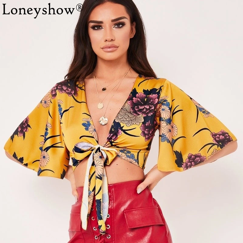 

Summer Half Sleeve Vintage Satin Floral Printed Knotted Shirt Women Casual Crop Top 2018 Office Work Blouse Sexy V-neck Blusa