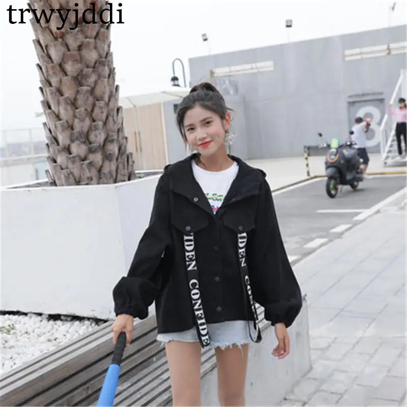 Bf Paresseux Vestes Printemps Black blue Femmes Manteaux Chic Vent Hodoed Automne vent 2019 Coupe N362 Lâche Étrange Coréenne Nouveau Denim Scj53q4ARL