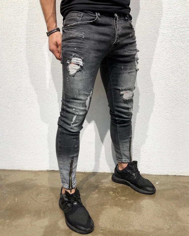 New Men Ripped holes jeans Zip skinny biker jeans black jeans with Pleated patchwork slim fit hip hop jeans men pants