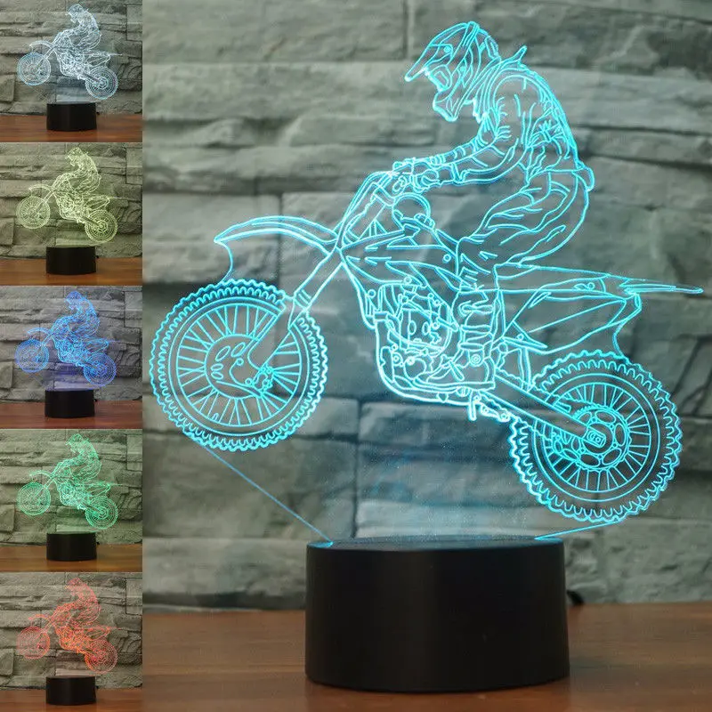 3D Ilusión Optica Moto Luz Nocturna 7 Colores Cambio de Botón Táctil USB de suministro de Energía LED Lámpara de Mesa Lámpara Regalo de Navidad Cumpleaños 