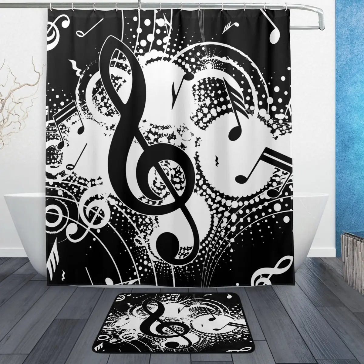 

Abstract Music Note Black White Waterproof Polyester Fabric Shower Curtain with Hooks Doormat Bath Floor Mat Bathroom Home Decor