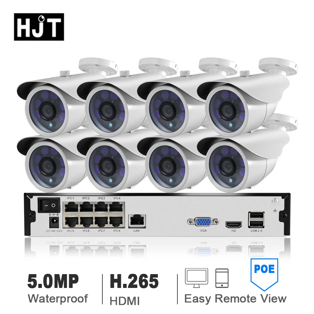 Hjt HD 8CH H.265 + H.265 5.0MP POE NVR комплект видеонаблюдения Системы IP Камера открытый Водонепроницаемый видео безопасности набор для наблюдения DIY Seetong