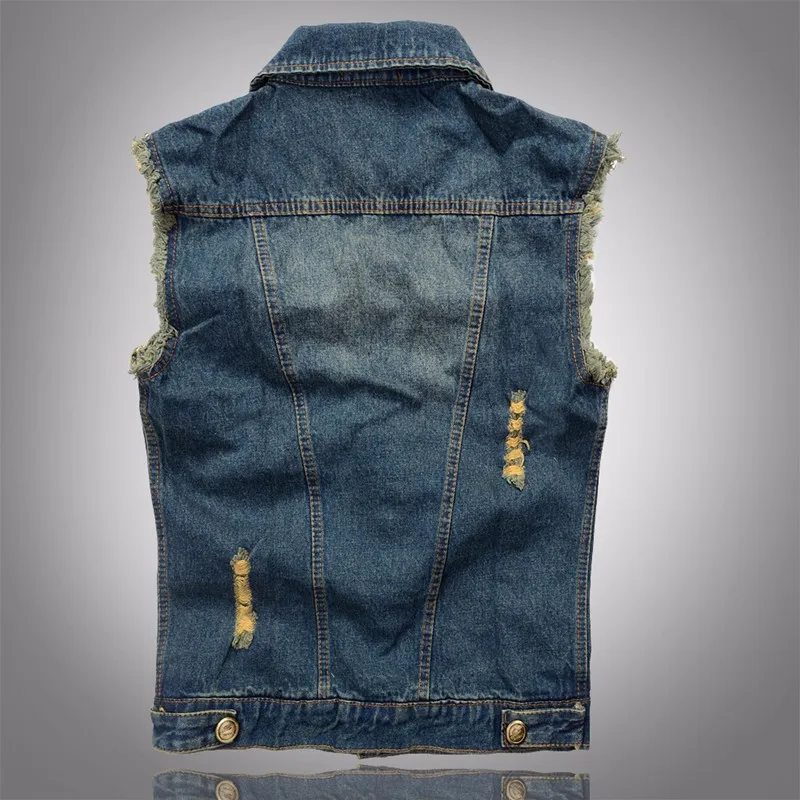 2016 Hot Men Denim Vest Hole Sleeveless Jean Jacket Ripped Fashion Male Plus Size Waistcoat 