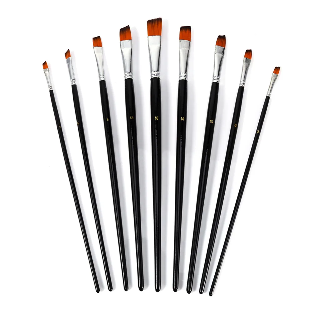 Hot Sale 9 PCS/Set Nylon Oblique Flat Tipped Paint Brushes Set Inclined