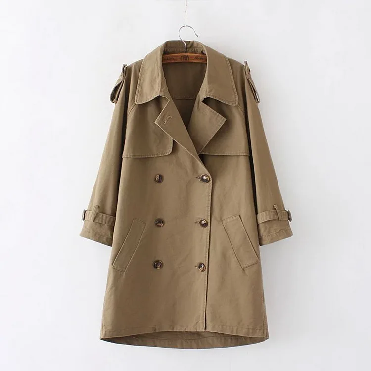 Классический двубортный темный хаки цвет пальто для женщин Корея и Япония стиль отложной воротник средней длины пальто