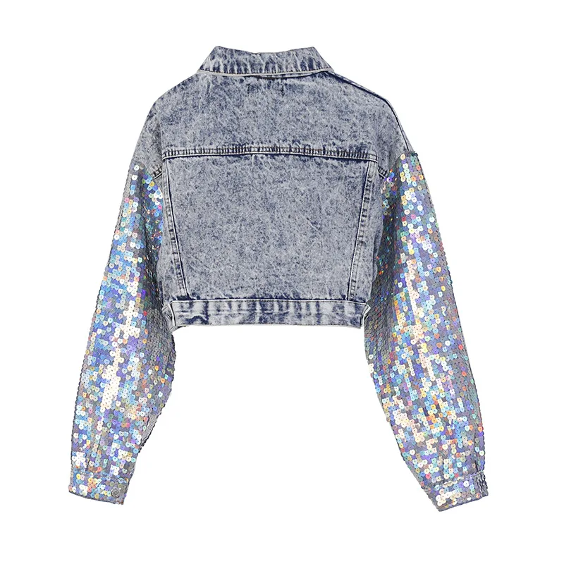discounted  2019 Fashion Design Punk Style Women Spring Jacket Coat Sequins Sleeve Women Denim Long Jacket Coat