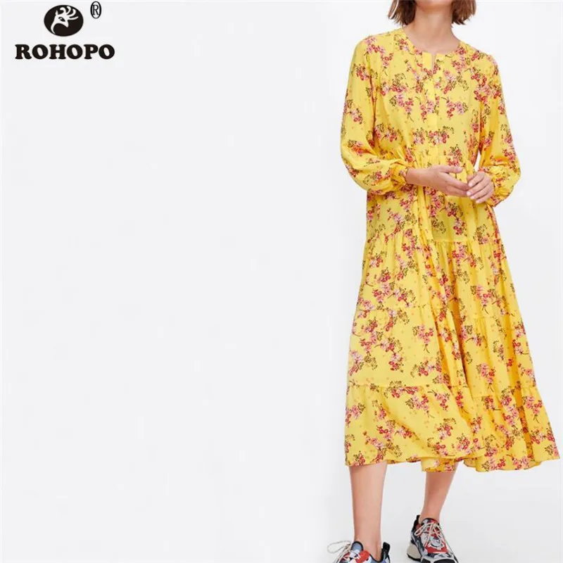 

ROHOPO Lantern Sleeve Women Printed Midi Dress Autumn Female Yellow Tunic Floral Dress Top Buttons Accordion Dress #OYK9688
