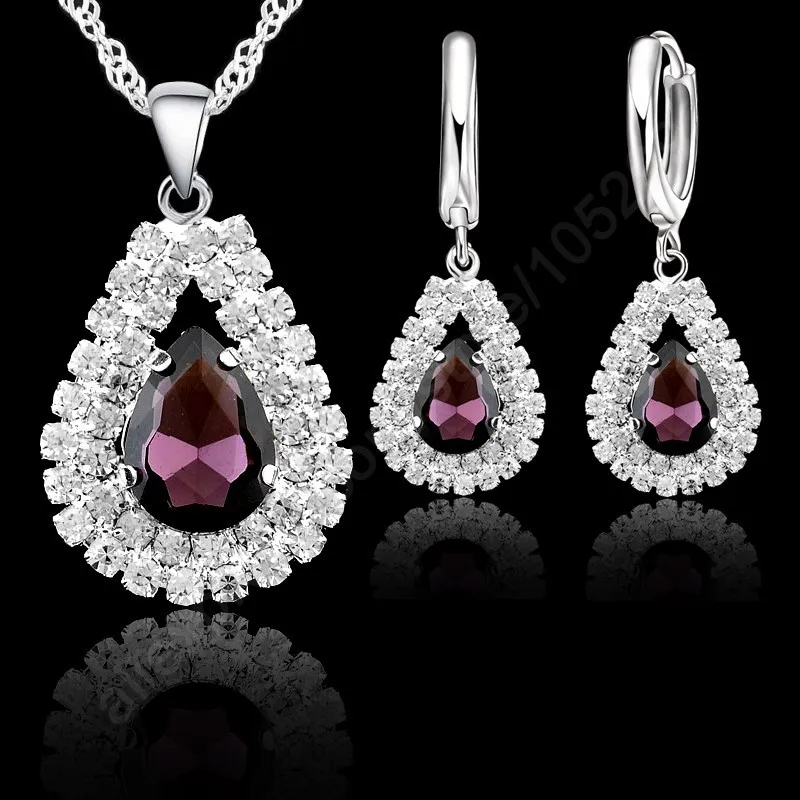 

Top Quality 925 Sterling Silver Jewelry Sets For Women Water Drop Russian Style Wedding Pendant Necklace Hoop Earrings Set