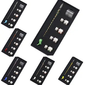 

7PCS/SET Spiral Pattern Glass Pen Dip Writing Ink Crystal Signature Pens Set for School Decoration Gifts Art Supplies
