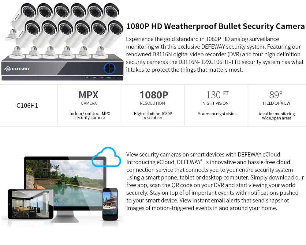 DEFEWAY 16CH CCTV системы 12 шт. 2000TVL Открытый Всепогодный Безопасности камера P 1080 P DVR День/Ночь комплект видео 1 ТБ HDD