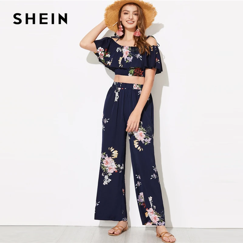 

SHEIN Flounce Foldover Top and Wide Leg Pants Set Women Summer Glamorous HighStreet Ruffle Crop Blouse Maxi Pants Twopiece