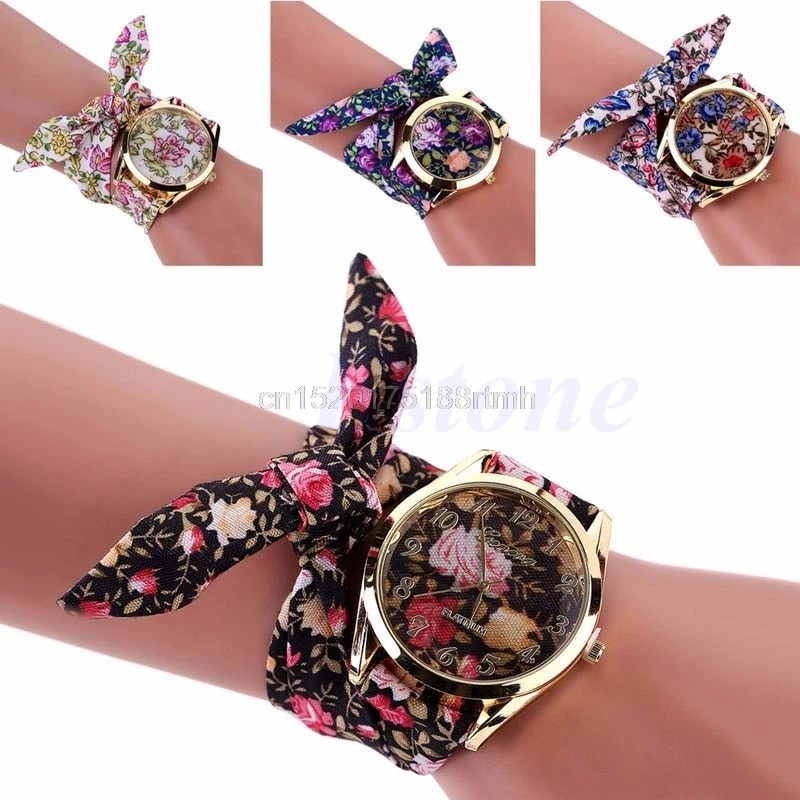 

Women Lady Watches Flower Cloth Floral Bracelet Dress Bangle Quartz Wrist Watch