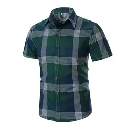 2019 летние мужские повседневные рубашки хлопок полиэстер плед Turn-Down воротник с коротким рукавом, облегающий красный зеленый Мода Мужской