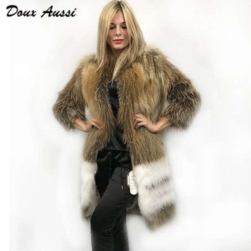 Luxury Real Red Fox Fur Coat Long Doux Aussi 2017 Winter White Stripe