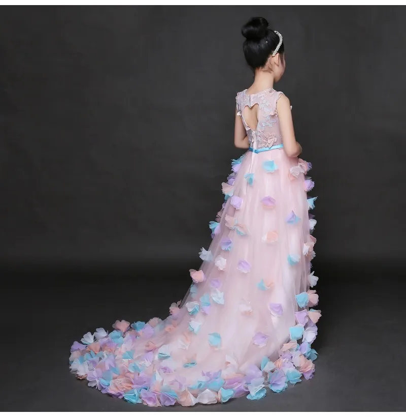 Элегантные фиолетовые пышные платья для девочек со съемным шлейфом, Детские бальные Платья с цветочным узором для девочек на свадьбу