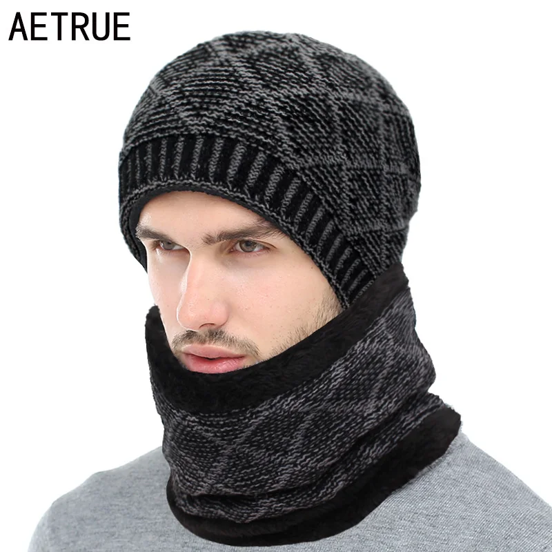 

AETRUE Winter Skullies Beanies Men Scarf Knitted Hat Caps Male Mask Gorras Bonnet Warm Winter Hats For Men Women Beanies Hats