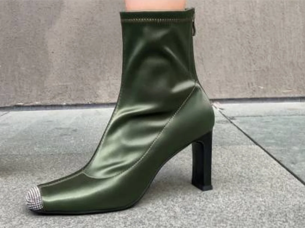 

Womens Square Toe Rhinestones Crystal Ankle Boots Silk Satin Pull On Stretchy Shoes Chunky High Heel Black Green Leather A1160