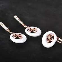 Blucome Ceramic Keramisch Clover Jewelry Sets Earrings&Ring Women Rose Gold Zircon White Aros Brinco Wedding Bridal Schmuck Joya blucome brand design rose gold color square cubic zircon ceramic earrings ring set chinese porcelain women wedding jewelry sets