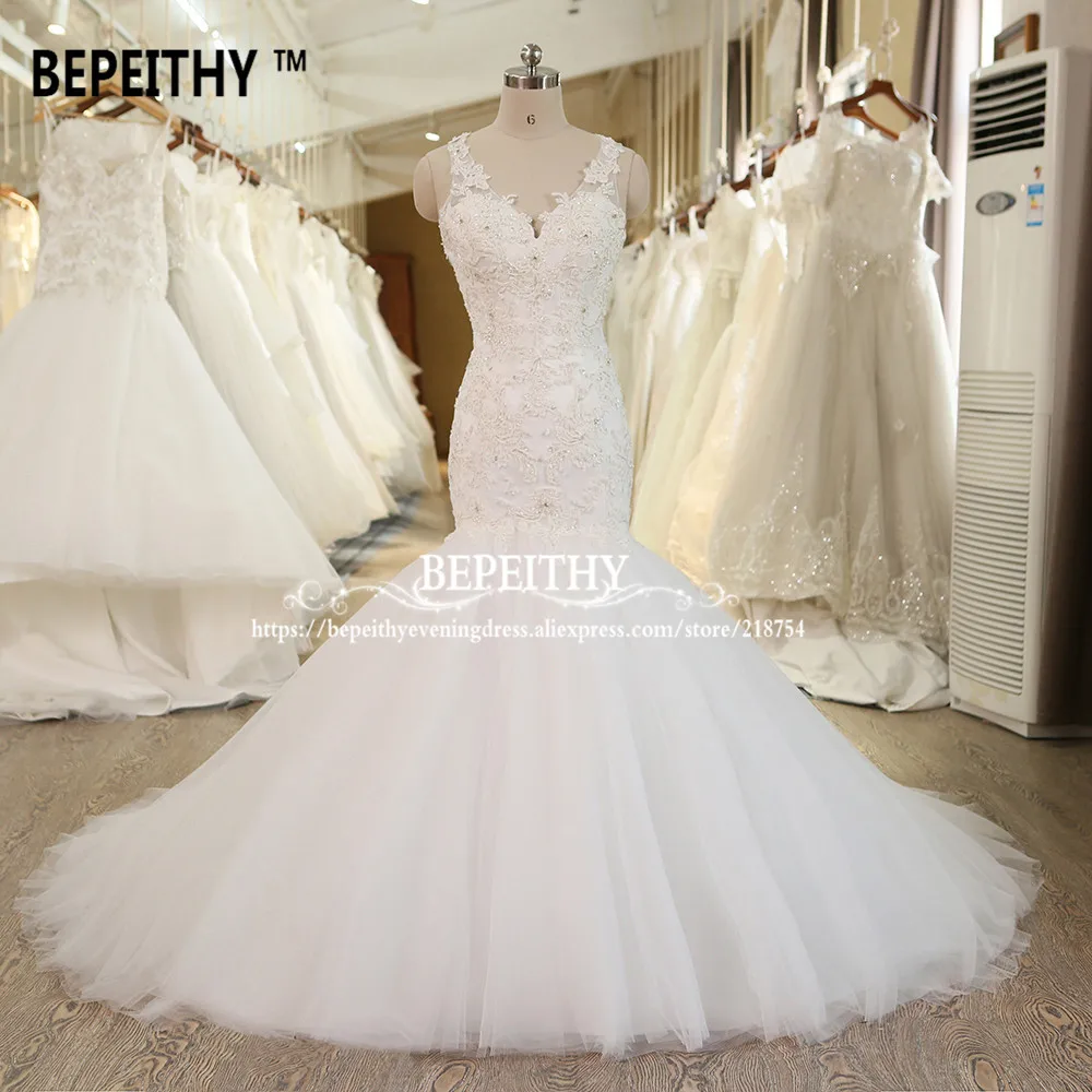 

2019 BEPEITHY Mermaid Wedding Dress V-neck Lace Beadings Casamento Bridal Dresses Zipper Back Vestido De Novia Real Photo