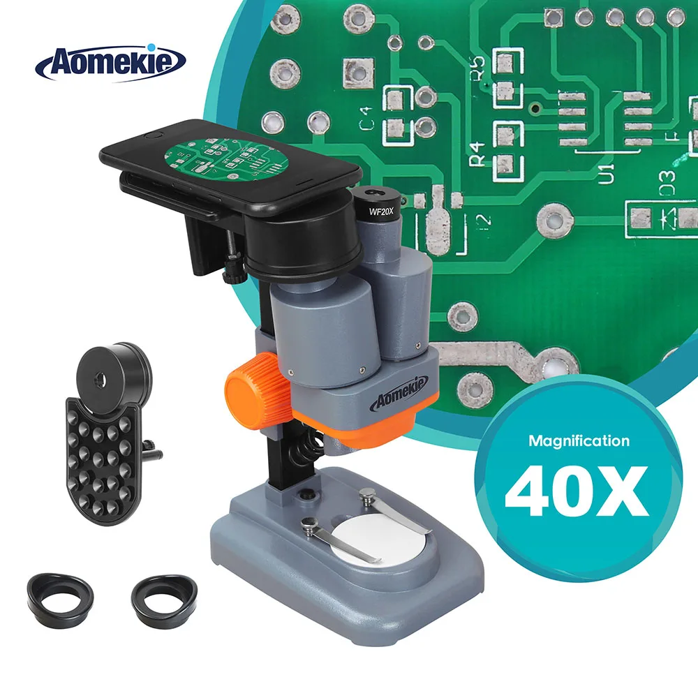  AOMEKIE 40X Stereo Mikroskop mit Telefon Halter Led Licht PCB Solder Mineral Probe Silde Beobachten