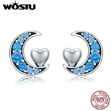 WOSTU горячая Распродажа, настоящее 925 пробы, серебро, голубая луна и сердце, серьги-гвоздики для женщин, роскошные S925 серебряные ювелирные изделия, подарок CQE330