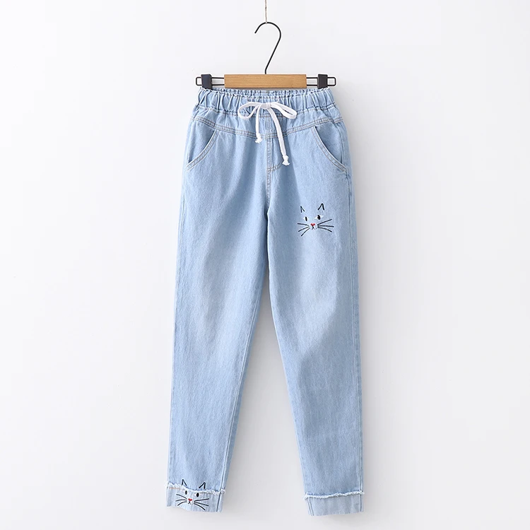Women Harajuku Jeans Pants Japanese Autumn Pocket School Cartoon Funny Wide Leg Pants Loose Cat Embroidery Roll Up Denim Pants