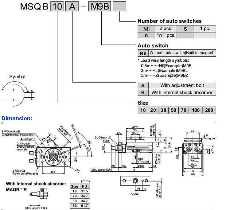 MSQB HRQ SMC тип роторный цилиндр ход 10-200 мм Таблица Осциллирующие цилиндры 180 градусов Поворот R без гидравлического буфера