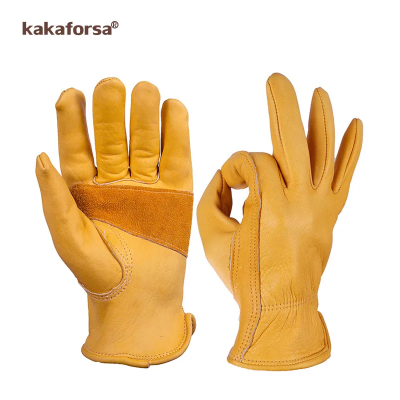 

Kakaforsa Fashion Genuine Yellow Leather Men Winter Gloves Outdoor Sports Windproof Warm Gloves Full Finger Running Glove