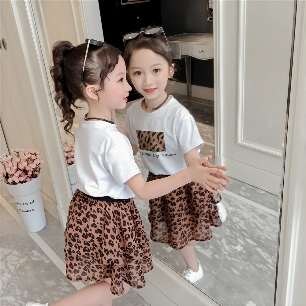Fashion Children Clothing Set For Girls Clothes 2019 Summer Letter Tshirts Tops Leopard Chiffon Skirt 2Pcs Casual Kids Suit 3-9Y (8)