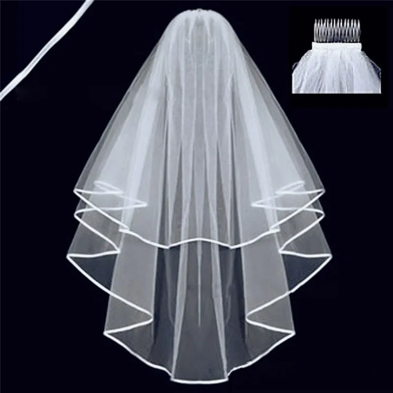 2018 Simple Tulle Wedding Accessories White Ivory Beige Two Layers bride Wedding Veils With Comb Ribbon Cheap Bridal Veil S3
