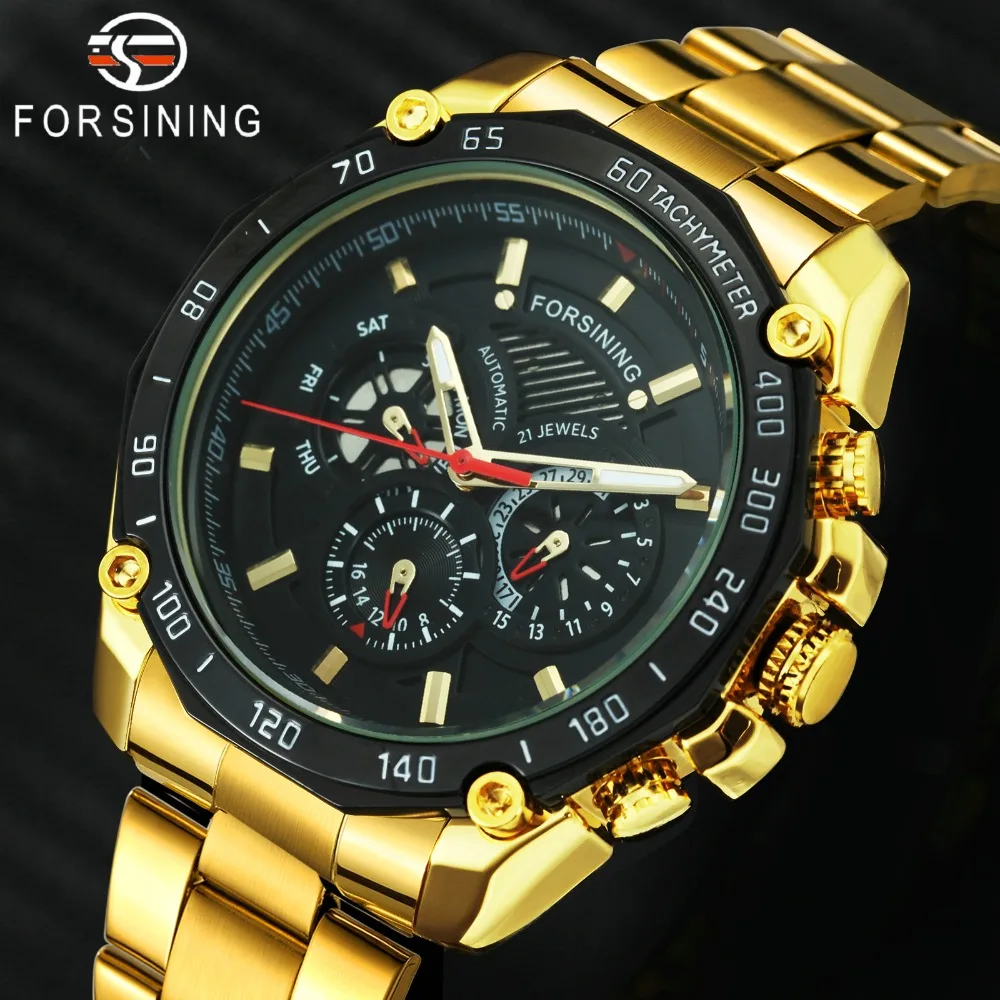 

FORSINING Military Business Auto Mechanical Watch Men Working Sud-dial Golden Metal Strap Mens Watches Top Brand Luxury 2019