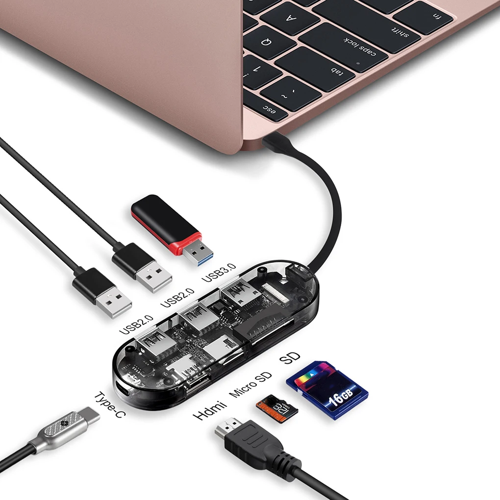 

Type-c To HD Adatper Converter USB3.0 7 In 1 Type-c Hub Portable SD Micro SD Memory Card Reader