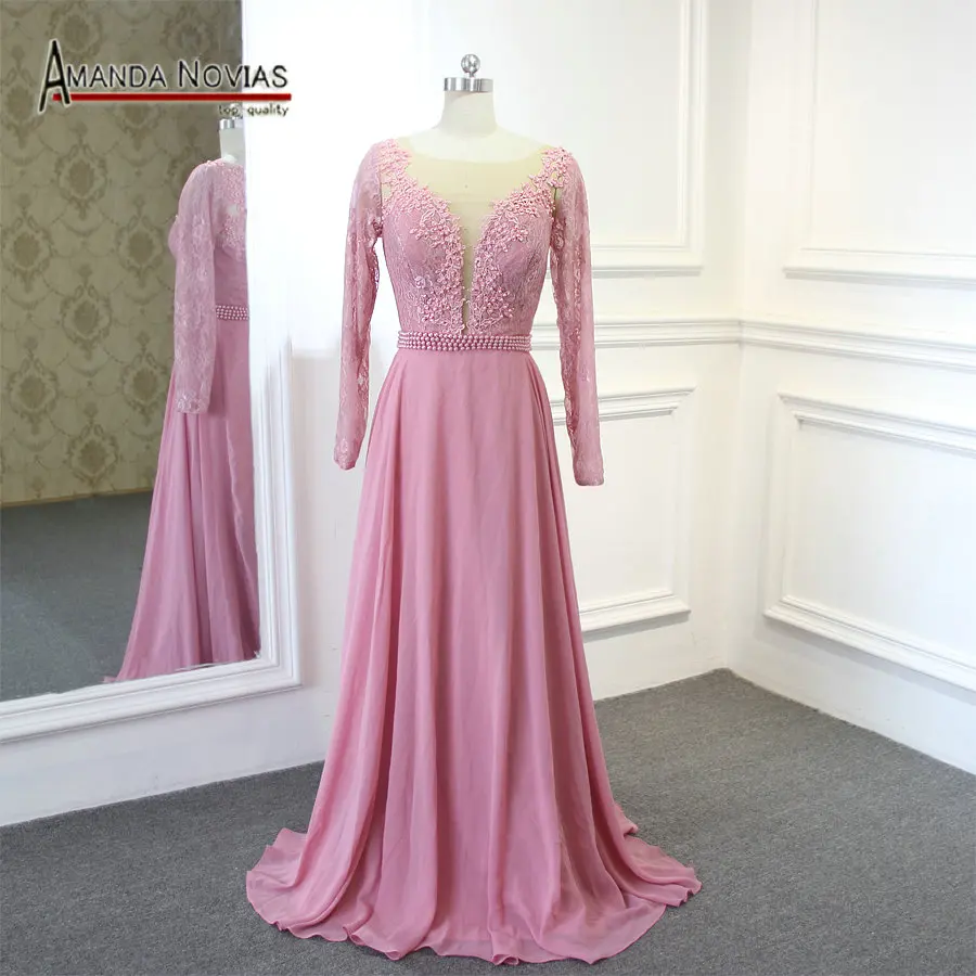 

2019 New Arrival Chiffon Beach Style Lace Evening Dress With Long Sleeves