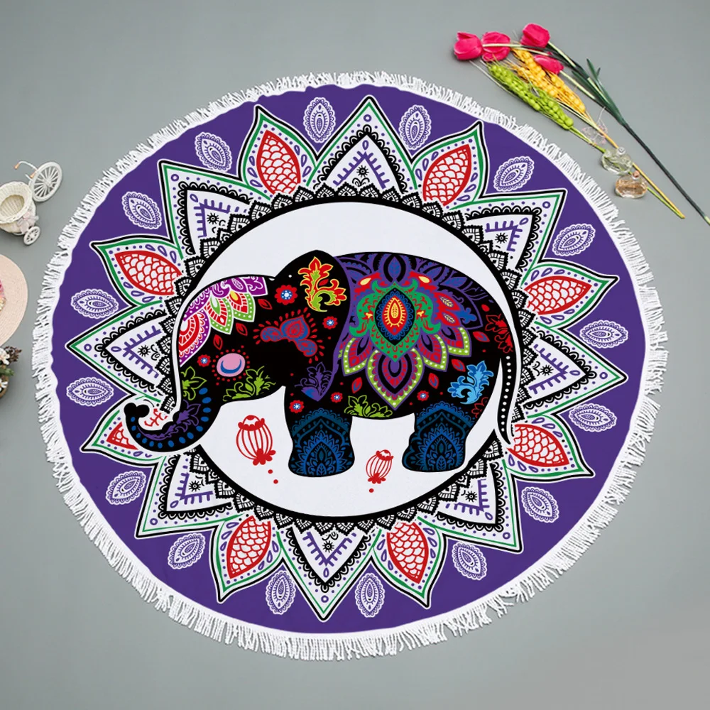 

Colorful elephant Bohemia style national wind round beach towel microfiber towel picnic mat customizable