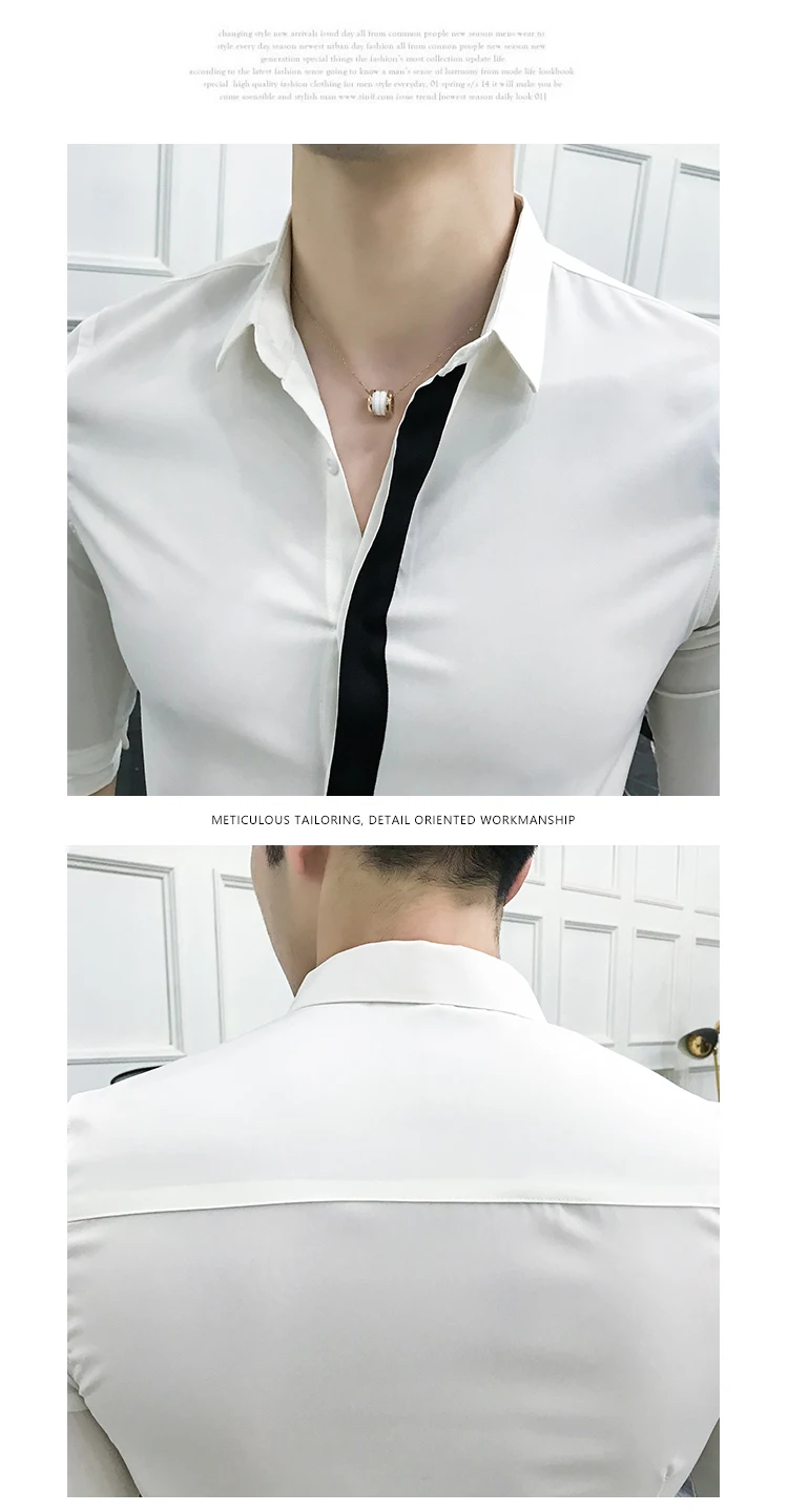Летняя новая Простая рубашка-смокинг, брендовая дизайнерская Повседневная приталенная Мужская рубашка для ночного клуба, одноцветная тонкая блуза с рукавом до локтя, Homme 3XL-M