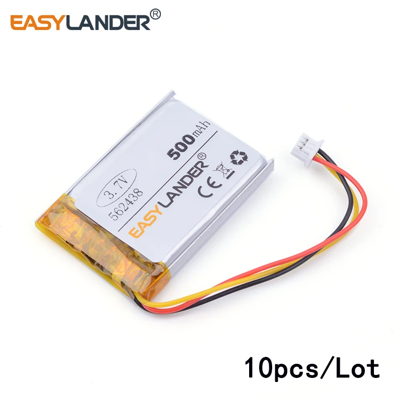 

10pcs/Lot 500mAH 562438 3.7v lithium Li ion polymer rechargeable battery for Smart watch GPS mp3 mp4,cell phone speaker earphone
