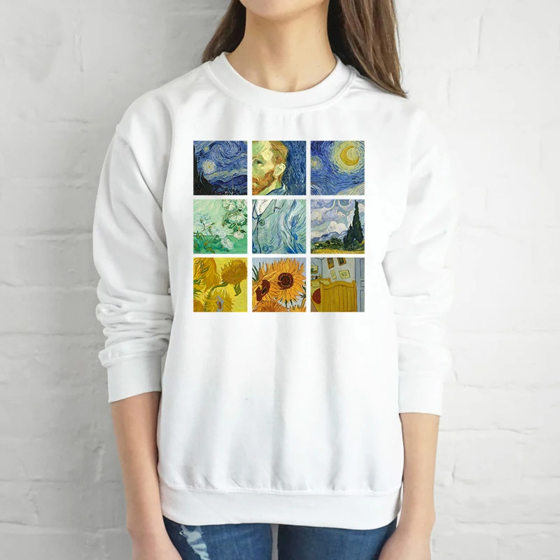 

2018 New Funny Van Gogh's oil Painting Women Round Neck White Hoodies Winter Autumn Thick Clothing Tumblr Hoodies & Sweatshirts