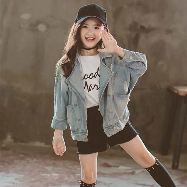 

2019 Denim Girls Jackets Kids Blue Spring Autumn Girls Coat For 3 4 6 8 10 12 Years Old Girls Clothes for School RKC185050
