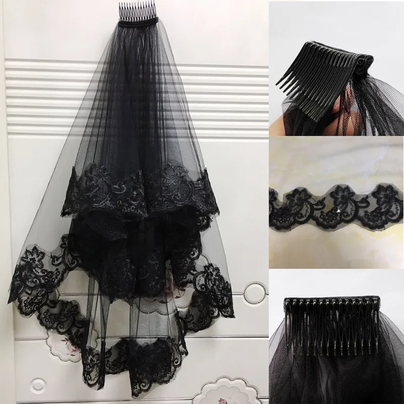 

Black Wedding Veils With Comb Lace Two Layers Tulle Short Bridal Veil Accessories for Halloween Party Dress GPD8691