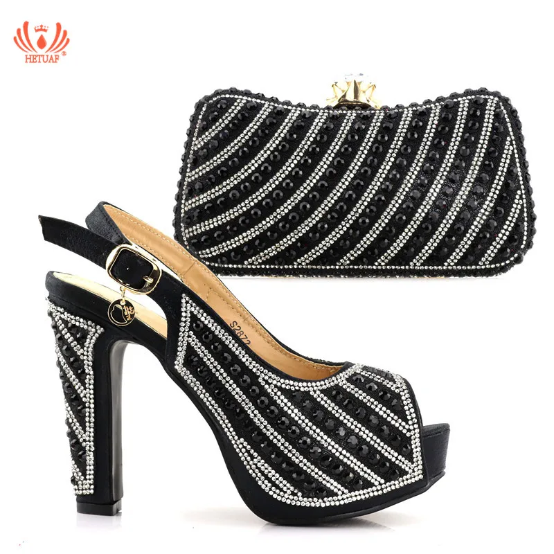 

New Black Color African shoe and bag set high heel italian shoe with matching bag Wedding Parties ladies matching shoe and bag