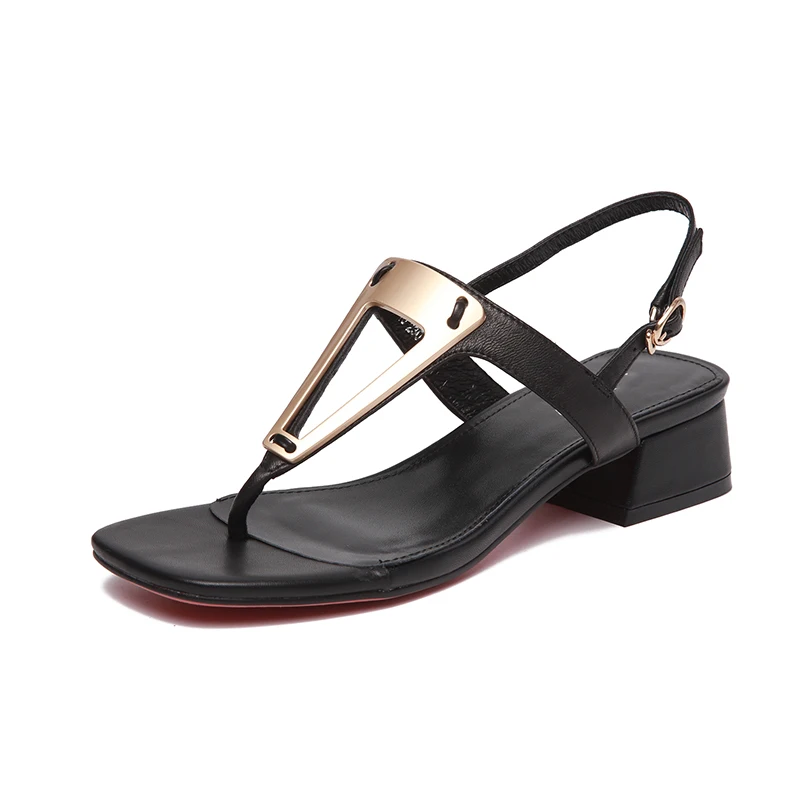 

Rome Simple Black Genuine Leather Thick heel Woman Sandals 2019 Summer Flip Flop Sandals Woman Female Holiday Beach Casual Shoes